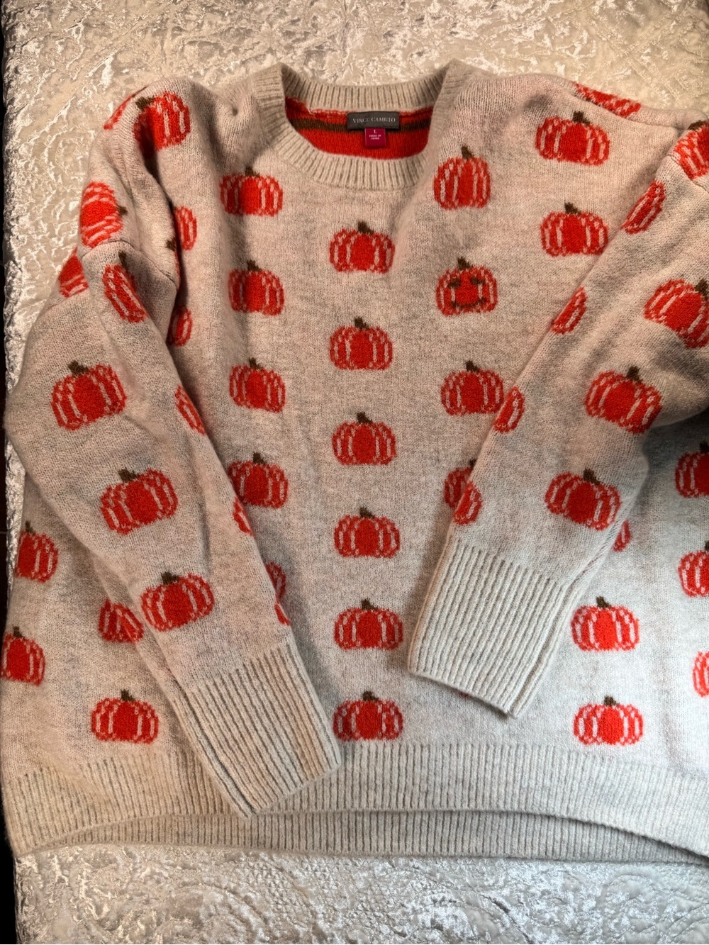 Vince Camuto Beige Crewneck Sweater with Orange Pumpkin Motif